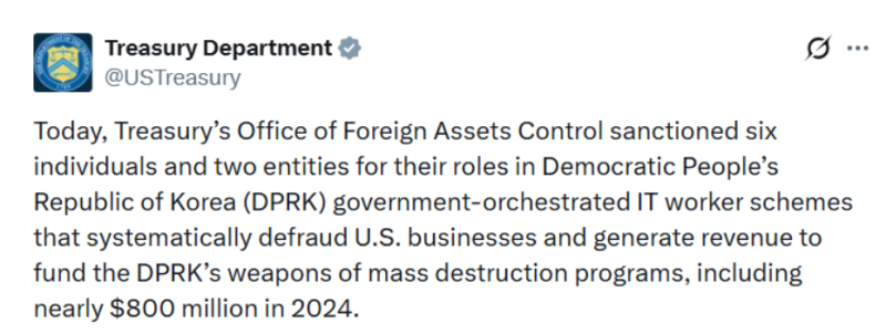 США ввели санкции против северокорейских IT-фирм, причастных к криптотранзакциям на 0 млн