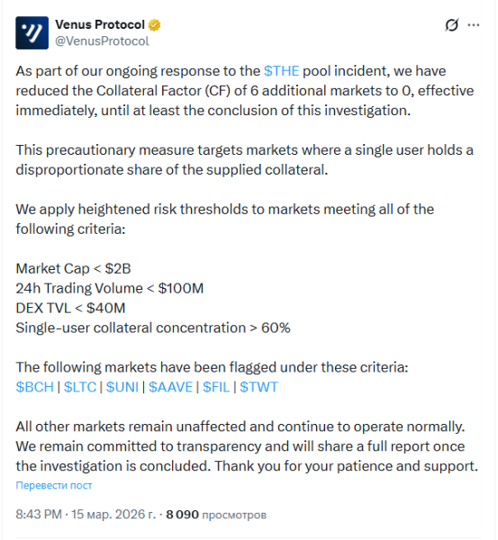 В протоколе Venus произошли массовые ликвидации токенов THE и CAKE