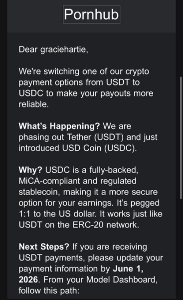 Сайт Pornhub заменил платежи в стейблкоинах USDT на его конкурента USDC