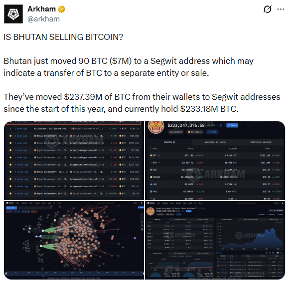 Правительство Бутана перевело ещё 90 BTC, породив новые слухи о распродаже